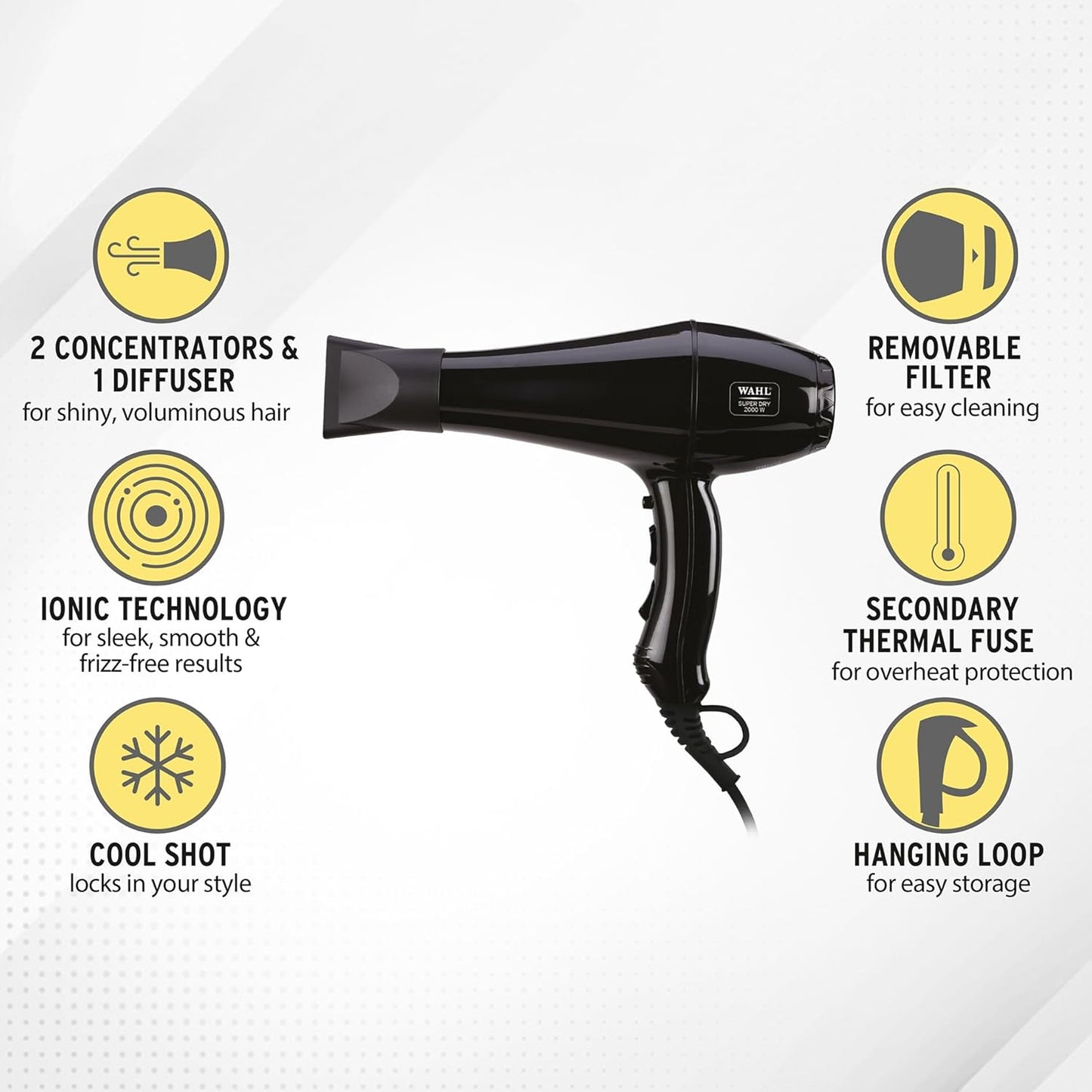 WAHL 5439-024 Super Dry Professional 2000 Watts Ionic Hair Dryer with Tourmaline Technology, 3 Heat Settings & 2 Speed Settings & Cool Shot Button - Black
