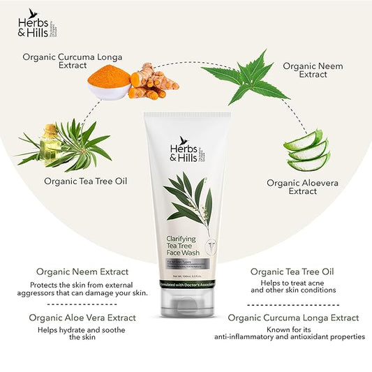 Herbs & Hills Clarifying Tea Tree Face Wash, Natural Gel Cleanser with Neem, Tea Tree Oil & Curcumin, Deep Cleansing, Oil Control & Acne Prevention for All Skin Types, 100ml