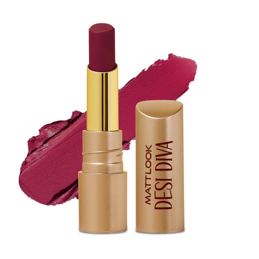 MATT LOOK Desi Diva HD Matte Lipstick for women, Long-Lasting with Hydrating Formula with Hyaluronic Acid, One-Swipe application & Lightweight formula, Berry Plum – 3.8gm (Pack of 1)