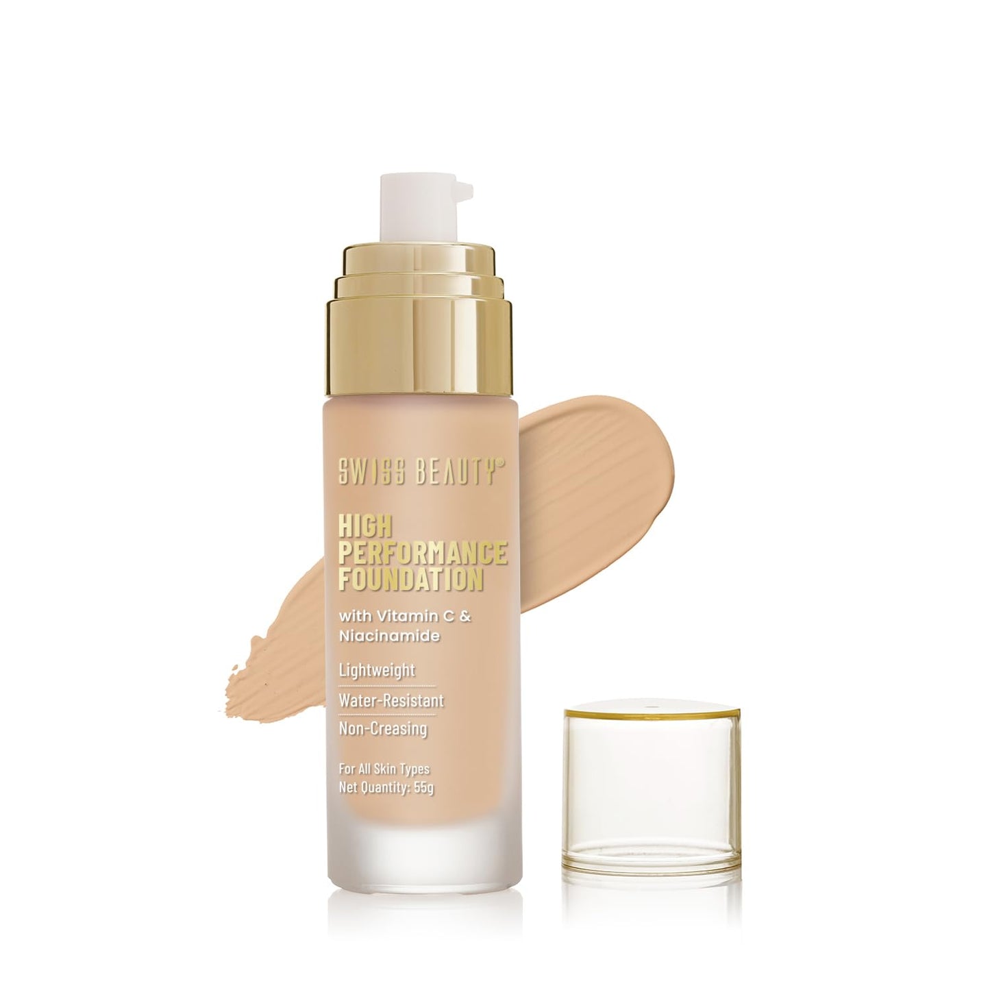 Swiss Beauty High Performance Foundation | Water-Resistant | Medium To Buildable Coverage Liquid Dewy Finish | Lightweight | Easy To Blend | With Vitamin C & Niacinamide | 07 Natural Nude, 55G