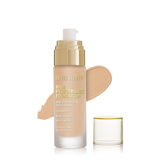 Swiss Beauty High Performance Foundation | Water-Resistant | Medium To Buildable Coverage Liquid Dewy Finish | Lightweight | Easy To Blend | With Vitamin C & Niacinamide | 07 Natural Nude, 55G