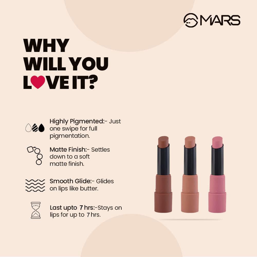 MARS Matte Box Set of 3 Lipsticks for Women | Long-Lasting | Smooth Finish | Moisturising | One Swipe Pigmentation (3x3.2 gm) (05-Blushed & Nudes)