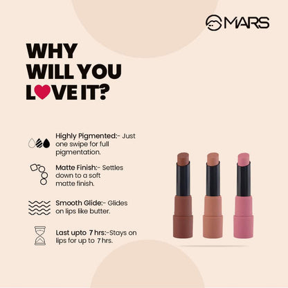 MARS Matte Box Set of 3 Lipsticks for Women | Long-Lasting | Smooth Finish | Moisturising | One Swipe Pigmentation (3x3.2 gm) (05-Blushed & Nudes)