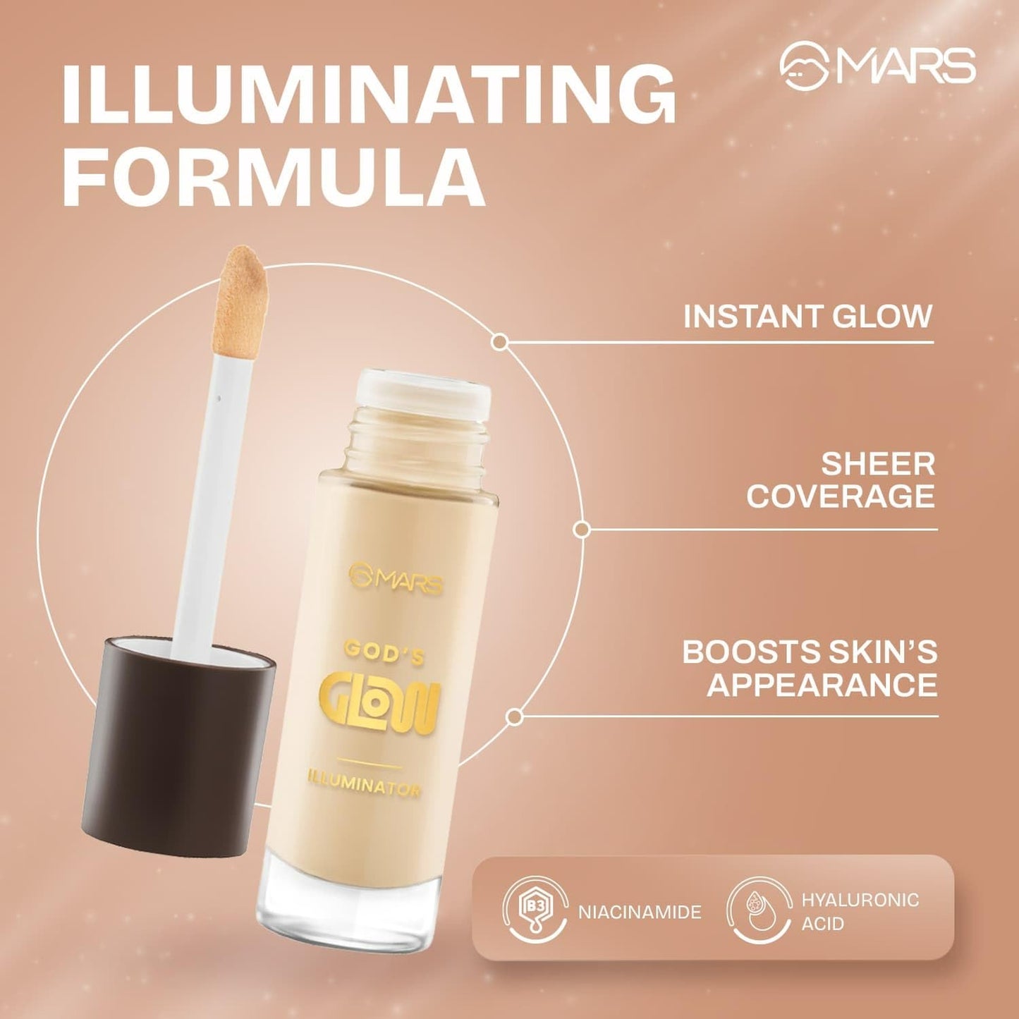 MARS God's Glow Illuminator Highlighter (30ml) (06-TOFFEE) | Hyaluronic Acid, Green Tea & Rosemary Extract | Sheer Coverage | Light-Weight | Flawless Natural Look