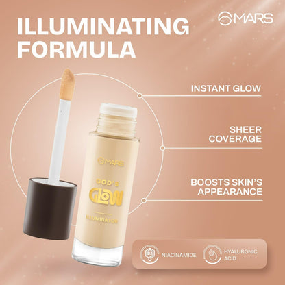 MARS God's Glow Illuminator Highlighter (30ml) (06-TOFFEE) | Hyaluronic Acid, Green Tea & Rosemary Extract | Sheer Coverage | Light-Weight | Flawless Natural Look