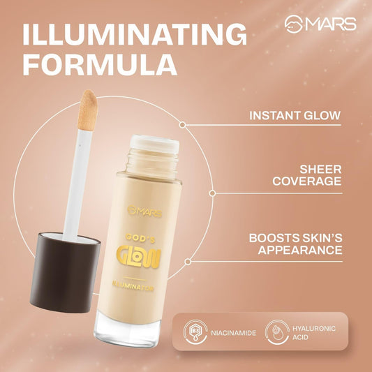 MARS God's Glow Illuminator Highlighter (30ml) (06-TOFFEE) | Hyaluronic Acid, Green Tea & Rosemary Extract | Sheer Coverage | Light-Weight | Flawless Natural Look