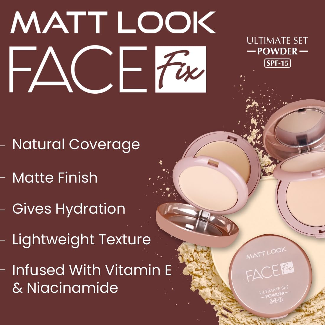 MATT LOOK Face Fix CP-31 Ultimate Set Powder, Matte Finish, Lightweight, Long-Lasting, SPF, Vitamin E & Niacinamide, Natural Coverage, Oil-Control, Suitable for All Skin Tones, Natural Nude (20gm)