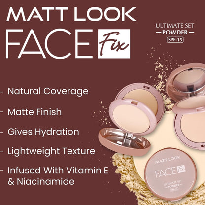 MATT LOOK Face Fix CP-31 Ultimate Set Powder, Matte Finish, Lightweight, Long-Lasting, SPF, Vitamin E & Niacinamide, Natural Coverage, Oil-Control, Suitable for All Skin Tones, Natural Nude (20gm)