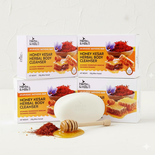 Herbs & Hills Honey Kesar Herbal Body Cleanser, Natural & Organic Body Soap, Moisturizing & Brightening Cleansing Soap, 4x100 g