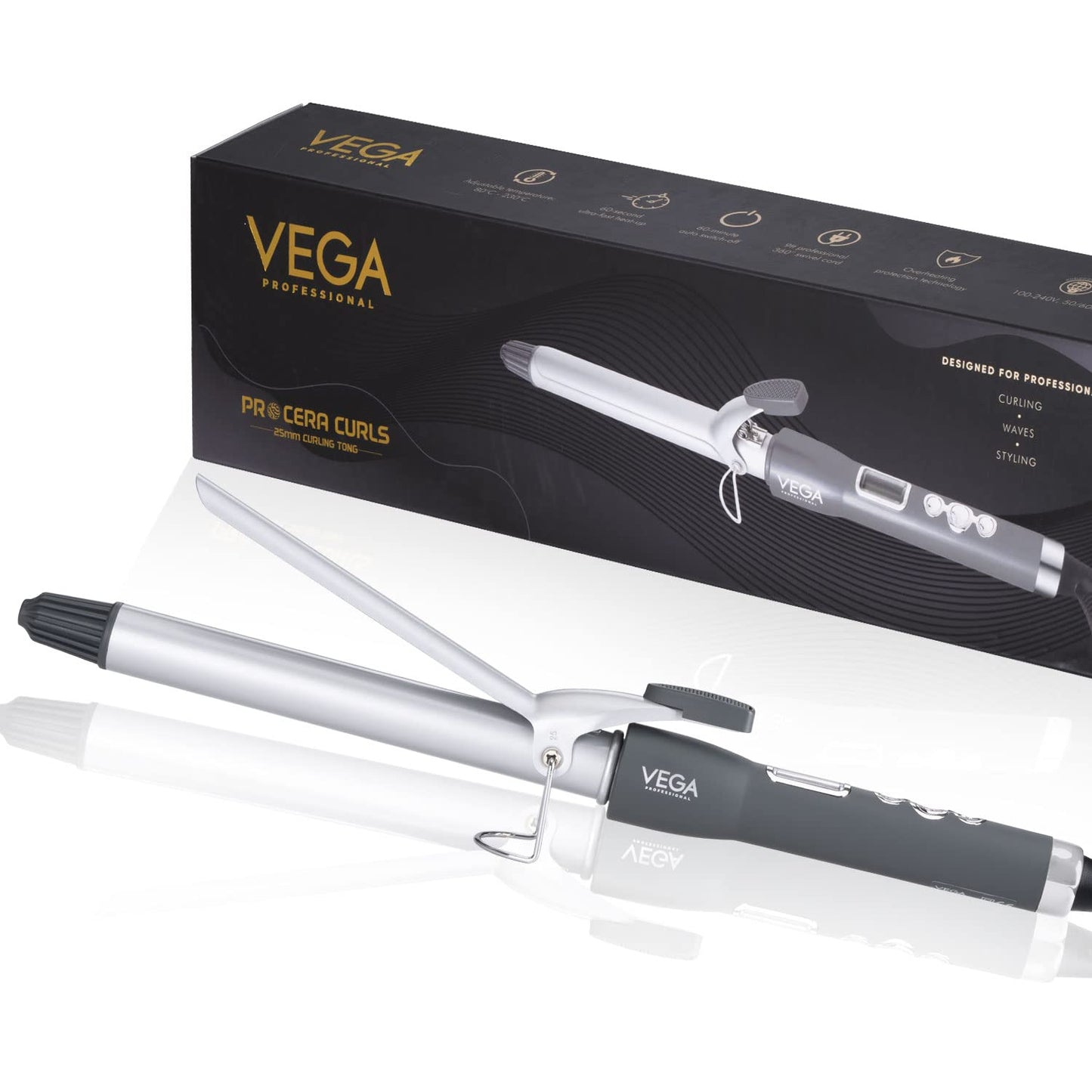VEGA PROFESSIONAL Pro Cera Curls 25mm Barrel Hair Curler for Women with LCD Display, Adjustbale Temperature, Cool Clip, Ideal for Longlasting Tight Curler, (VPMCT-04)