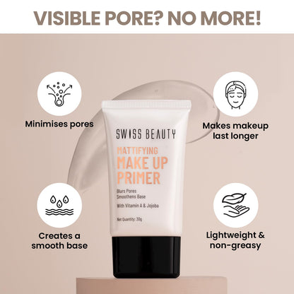 Swiss Beauty Mattifying Makeup Primer | Oil-Free Shine | Minimises Pores | Long-Lasting Base | All skin Types | 30ml