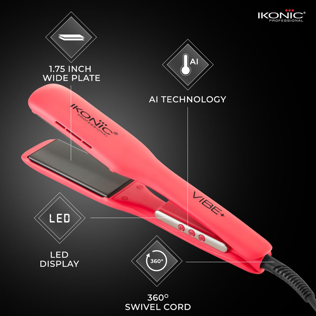 Ikonic Professional Vibe+ Hair Straightener-Peach | Straightener with AI Technology| Wider Ceramic Floating Plates| Ionic Technology|Instant Heat Up & Easy to Use