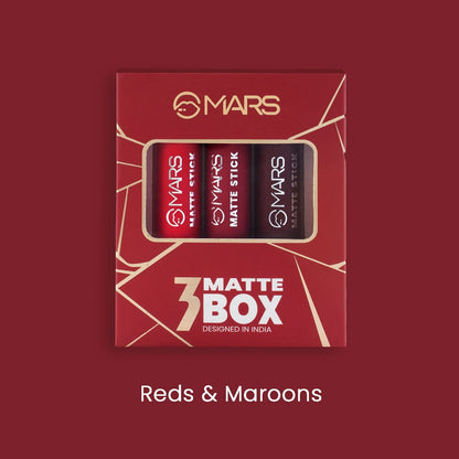 MARS Matte Box Set of 3 Lipsticks for Women | Long-Lasting | Smooth Finish | Moisturising | One Swipe Pigmentation | (3x3.2 gm) (01-Red & Maroon)