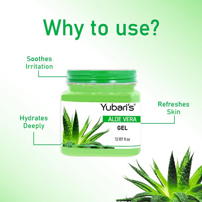 Yubari's Aloe Vera Gel with natural Aloevera Extract for Men & Women for Moisturize and Sooth Glowing Skin with No Parabens, SLS, Silicones & Colour (390ml)
