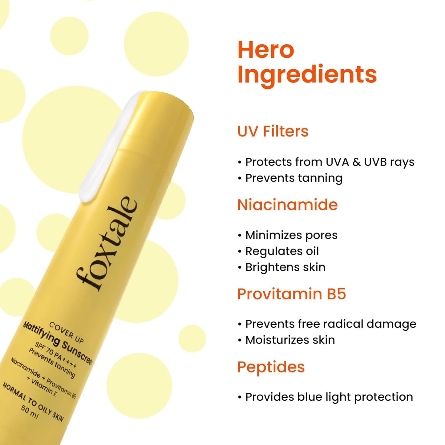 Foxtale SPF 70 Gel-Cream Sunscreen for Oily Skin | Oil Control Sunscreen with PA++++ & Niacinamide | UVA UVB Protection | Prevents Tan | Lightweight, Pore-minimising, No White Cast | 50ml