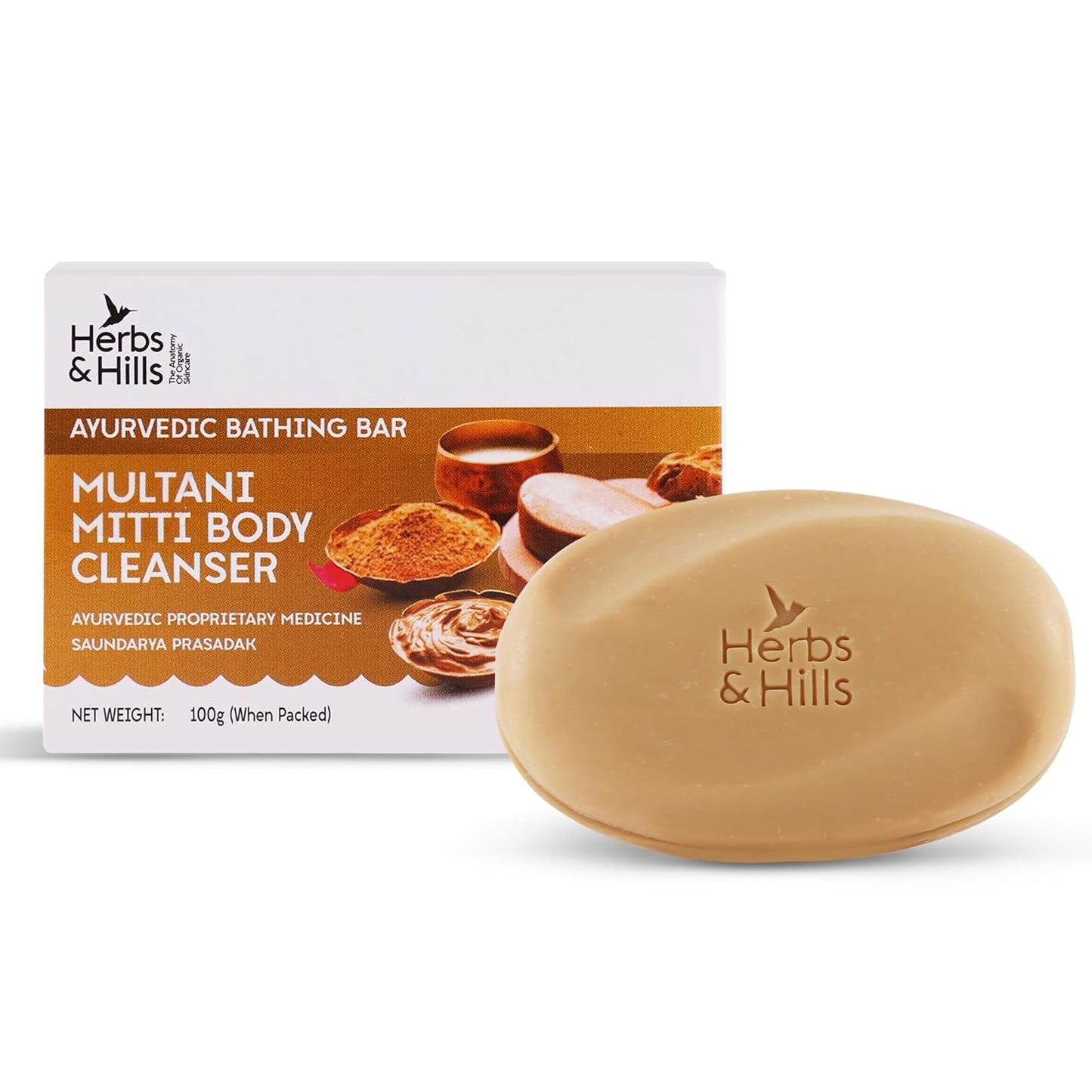 Herbs & Hills Multani Mitti Body Cleanser, Natural Exfoliating Soap with Aloe Vera, Turmeric & Red Sandalwood, 6x100g