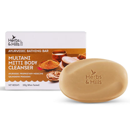 Herbs & Hills Multani Mitti Body Cleanser, Natural Exfoliating Soap with Aloe Vera, Turmeric & Red Sandalwood, 6x100g