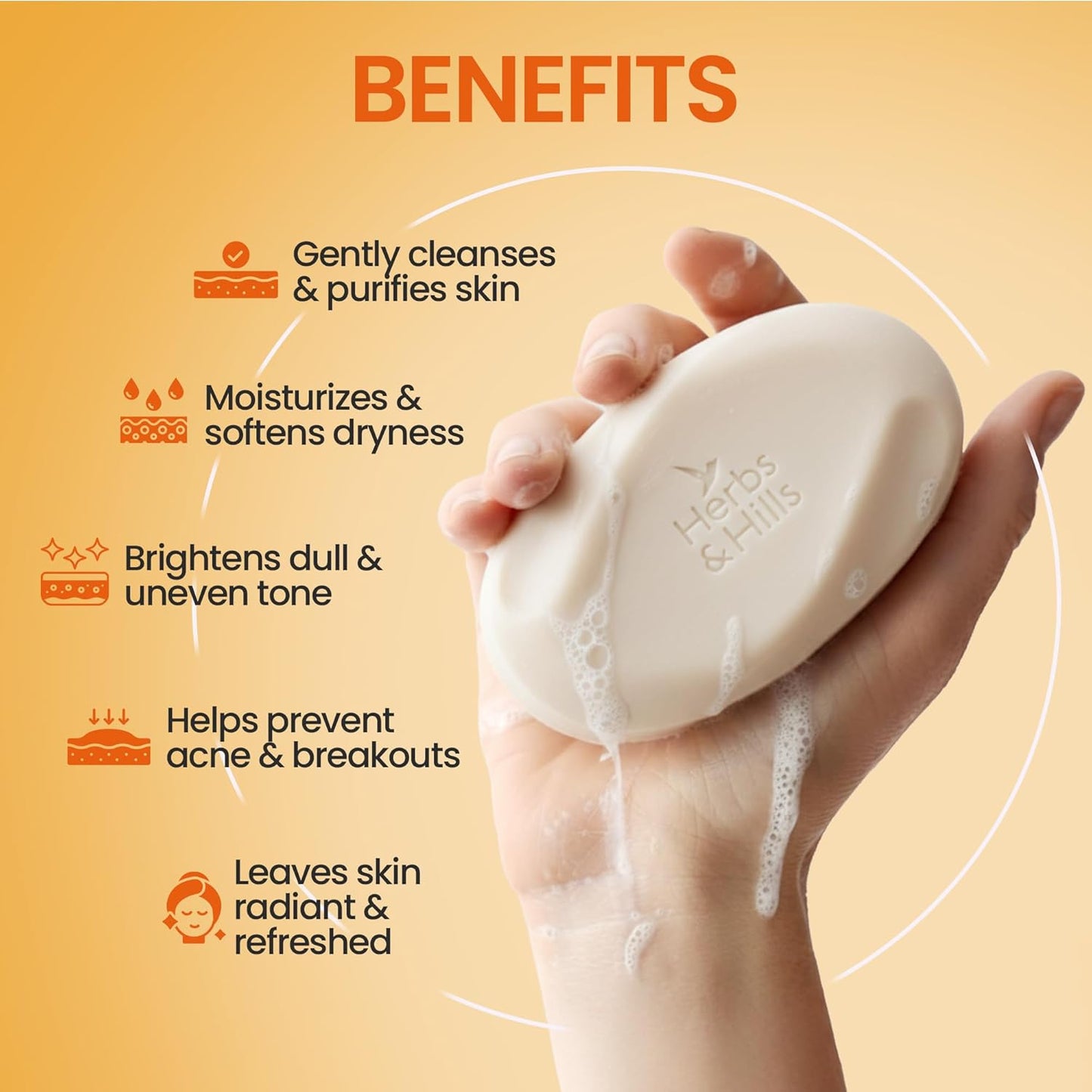 Herbs & Hills Honey Kesar Herbal Body Cleanser, Natural & Organic Body Soap, Moisturizing & Brightening Cleansing Soap, 4x100 g
