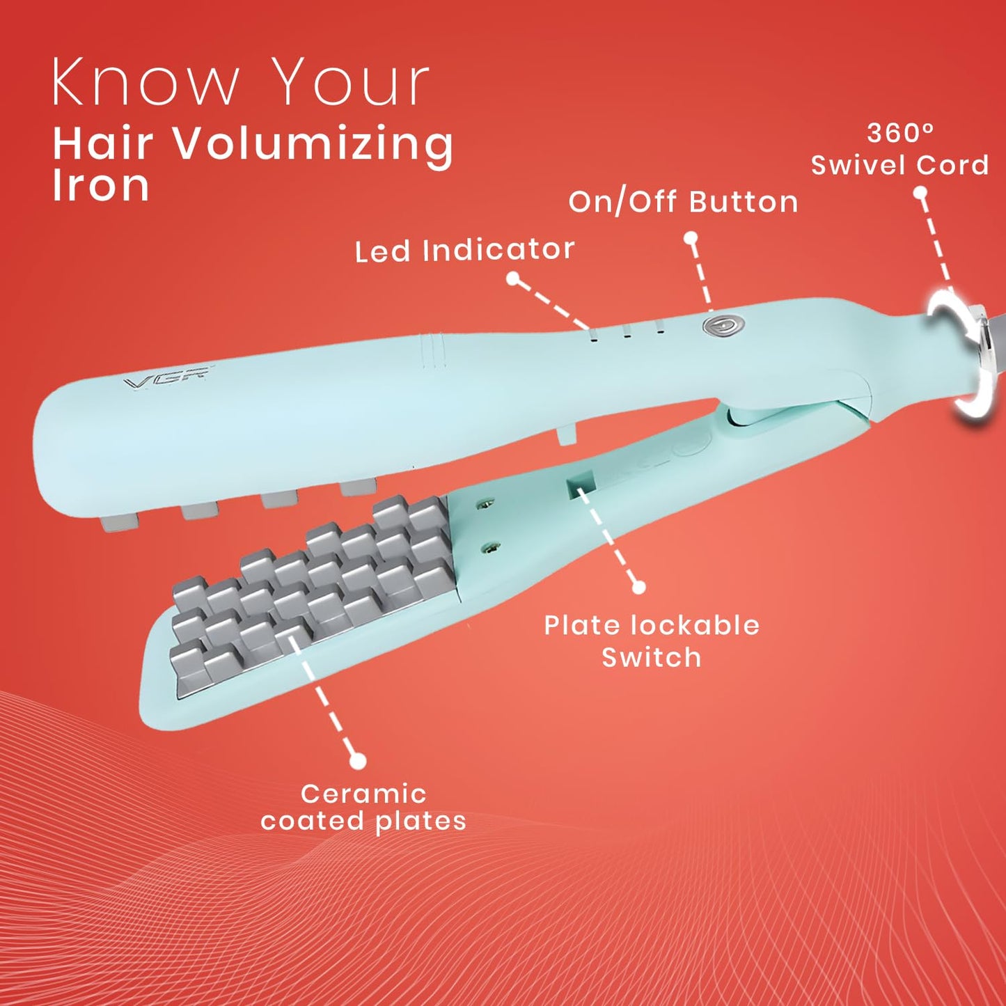 VGR V-531 Professional Hair Volumizing Iron - Premium Ceramic Coating, 3 Adjustable Temperature Settings, 360° Swivel Cord, Auto Shut-Off Safety Feature, Perfect for Salon & Women Use - Green