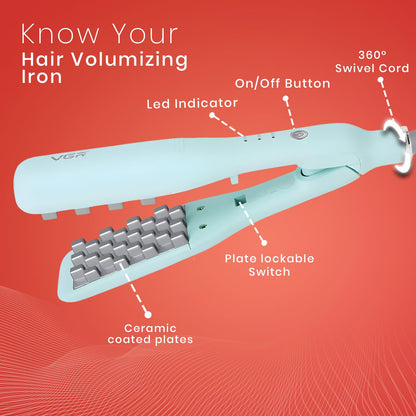 VGR V-531 Professional Hair Volumizing Iron - Premium Ceramic Coating, 3 Adjustable Temperature Settings, 360° Swivel Cord, Auto Shut-Off Safety Feature, Perfect for Salon & Women Use - Green