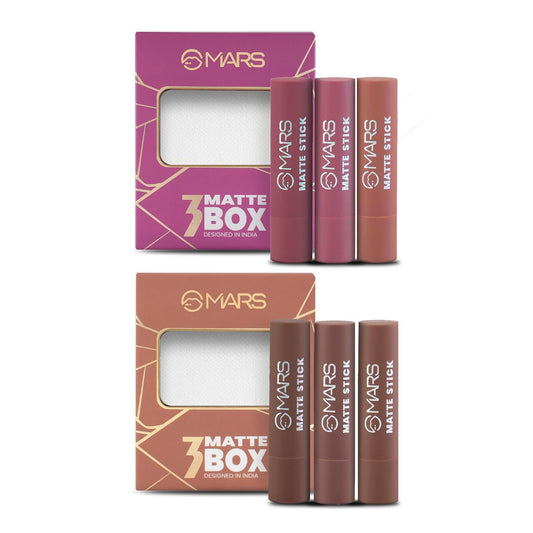 MARS Matte Box Lipsticks for Women | Long-Lasting | Smooth Finish | Moisturising | One Swipe Pigmentation | (Pack of 3x2) x 3.2 gm) (Peache Nudes and Browns)
