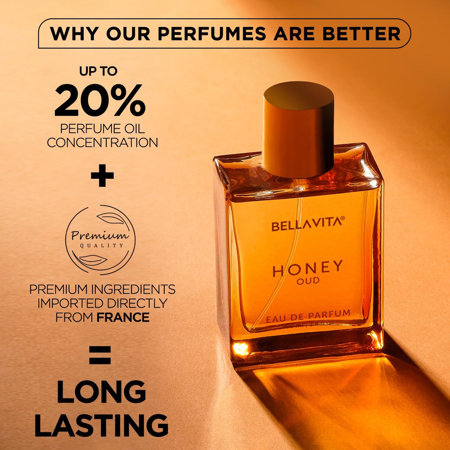 Bella Vita Luxury Honey Oud 100ml Long Lasting Perfume for Man and Woman | Bergamot, Patchouli & Vanilla | Sweet, Woody and Spicy Fragrance for Men & Women