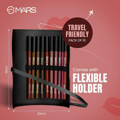 MARS Matte Lip Liner with Holder Set of 10 | One Swipe Smooth Application | Long Lasting & Travel Friendly Lip Pencil | Multicolor | Set-A (1.4g x 10)
