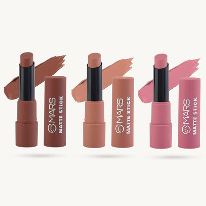 MARS Matte Box Set of 3 Lipsticks for Women | Long-Lasting | Smooth Finish | Moisturising | One Swipe Pigmentation (3x3.2 gm) (05-Blushed & Nudes)