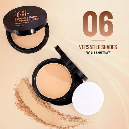 Swiss Beauty Everyday Matte Compact with SPF 10 | Oil-Control Formula | Blurs Pores | Soft-Focus Finish | Enriched with Vitamin E | Shade- 05 Almond, 9g