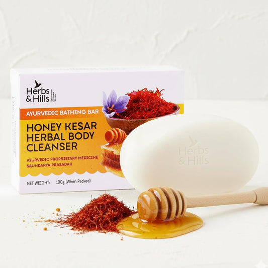 Herbs & Hills Honey Kesar Herbal Body Cleanser, Natural & Organic Body Soap, Moisturizing & Brightening Cleansing Soap, 4x100 g