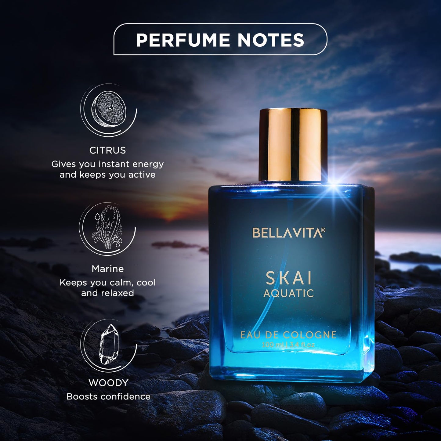 Bella Vita Luxury Skai Aquatic Unisex Long Lasting Perfume for Man and Woman | EDC 100ml | Bergamot, Lavender & Patchouli | Woody, Citrus Premium Fragrance Perfume for Men & Women