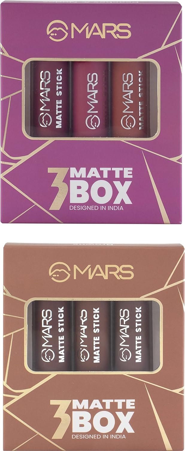 MARS Matte Box Lipsticks for Women | Long-Lasting | Smooth Finish | Moisturising | One Swipe Pigmentation | (Pack of 3x2) x 3.2 gm) (Peache Nudes and Browns)