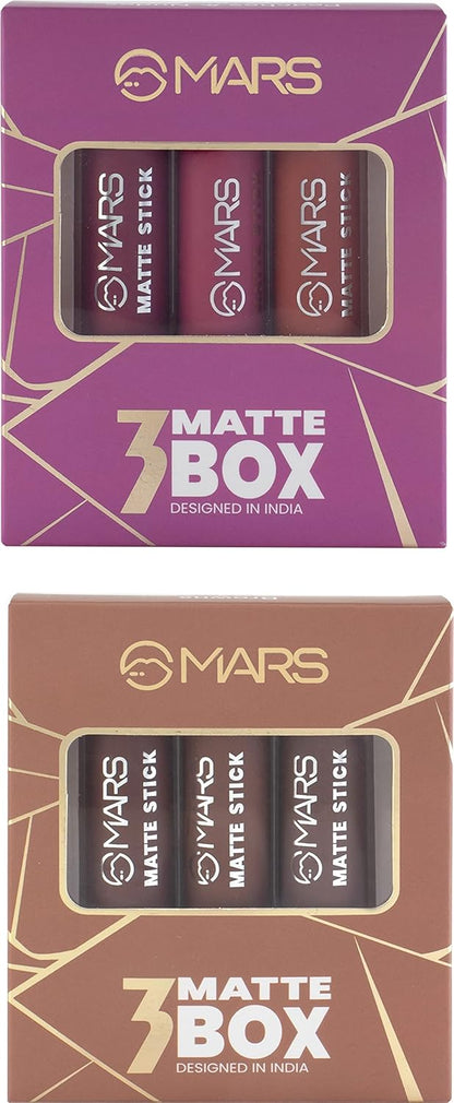 MARS Matte Box Lipsticks for Women | Long-Lasting | Smooth Finish | Moisturising | One Swipe Pigmentation | (Pack of 3x2) x 3.2 gm) (Peache Nudes and Browns)