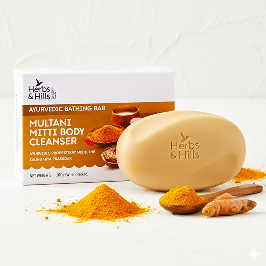 Herbs & Hills Multani Mitti Body Cleanser, Natural Exfoliating Soap with Aloe Vera, Turmeric & Red Sandalwood, 6x100g