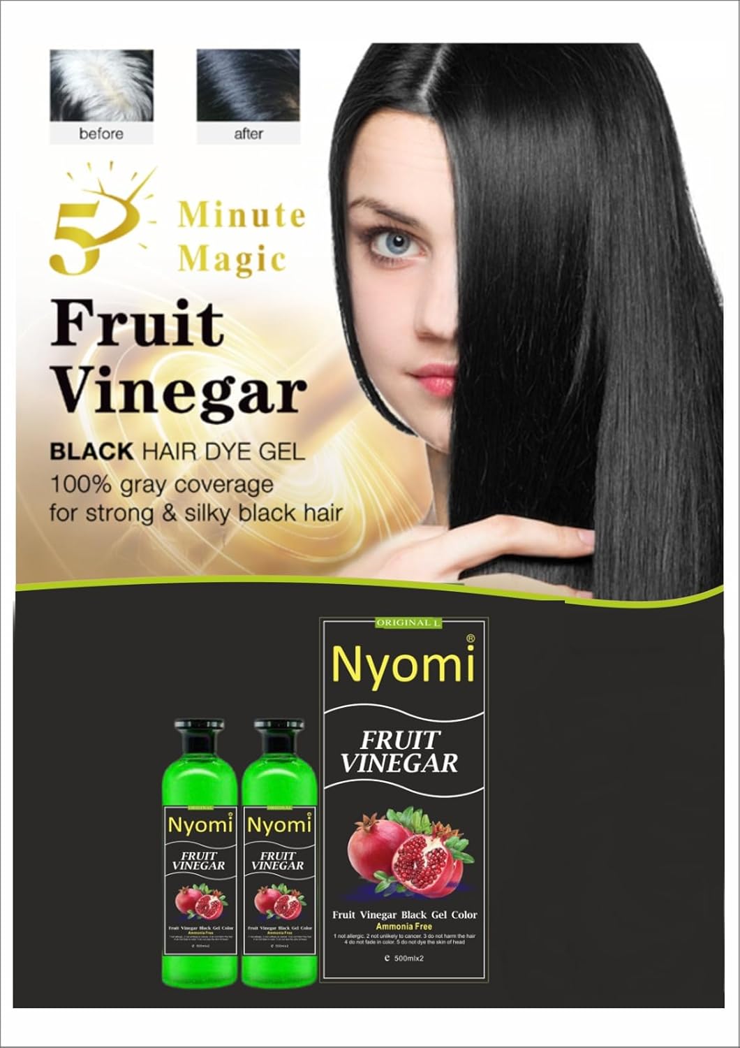 Nyomi Fruit Vinegar Hair colour, Long Lasting Formula with Natural Extracts Hair Coloring Dye- 500x2 ml