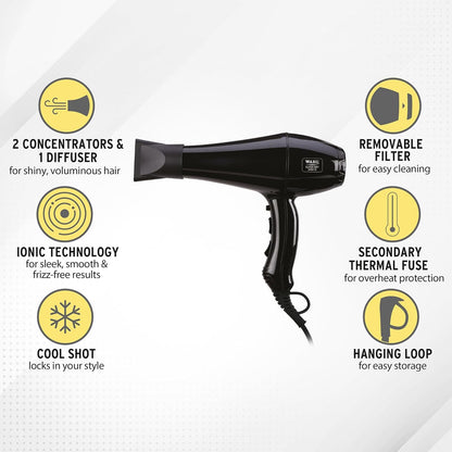 WAHL 5439-024 Super Dry Professional 2000 Watts Ionic Hair Dryer with Tourmaline Technology, 3 Heat Settings & 2 Speed Settings & Cool Shot Button - Black