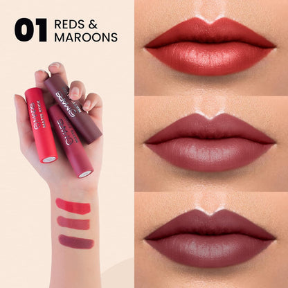 MARS Matte Box Set of 3 Lipsticks for Women | Long-Lasting | Smooth Finish | Moisturising | One Swipe Pigmentation | (3x3.2 gm) (01-Red & Maroon)