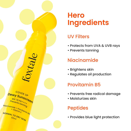 Foxtale SPF 70 Niacinamide Dewy Sunscreen with PA++++ For Dewy Sun Protection|Prevents Tan|Lightenweight, Non Greasy, No White Cast|Anti-Tan Formula|For Men & Women|For all skin type,50 Ml