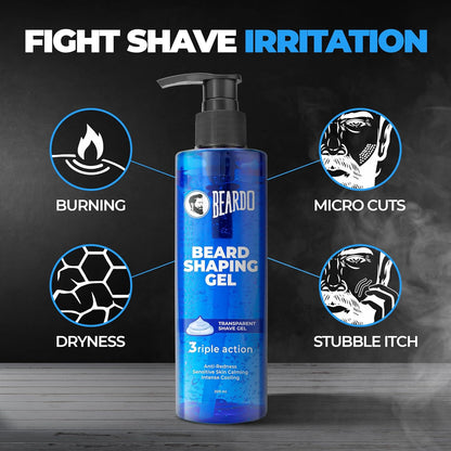 Beardo Beard Shaping Gel, 200ml | 3riple Action Transparent Shaving Gel for Men | Shaving gel with Anti-Redness, Calming, Intense Cooling | Suitable for Sensitive Skin