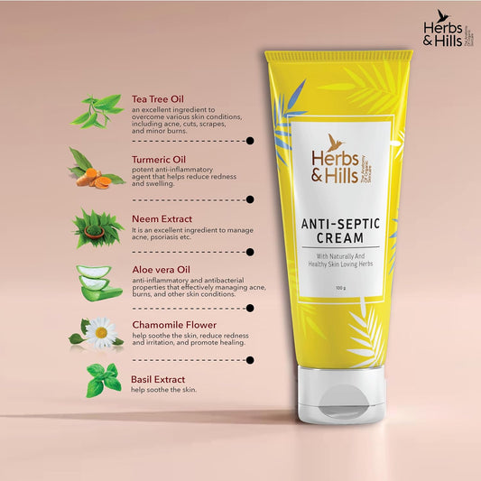 Herbs & Hills Anti-Septic Cream, Herbal Antiseptic Ointment with Tea Tree Oil, Turmeric, Neem & Aloe Vera, Heals Cuts, Scratches, Burns & Skin Irritations, 100gms