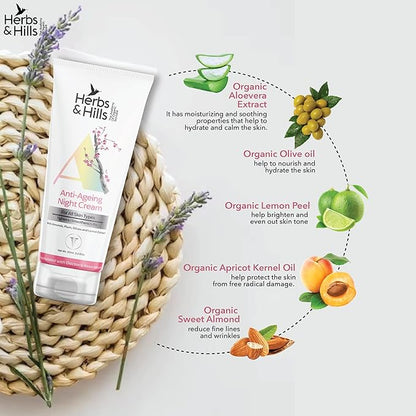 Herbs & Hills Anti-Ageing Night Cream, With Organic Oils & Herbs, Reduces Fine Lines & Wrinkles, Skin Firming & Radiance Boost, Paraben-Free & Chemical-Free, 50 ml