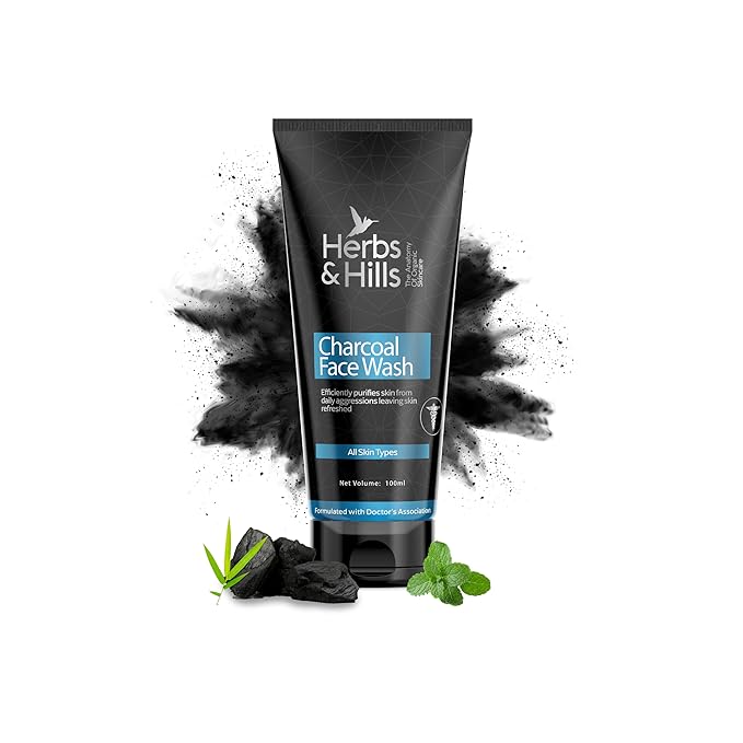 Herbs & Hills Charcoal Face Wash, Deep Cleansing Activated Charcoal, Oil Control, Acne & Blackhead Removal, With Aloe Vera & Peppermint, For Men & Women, 100ml