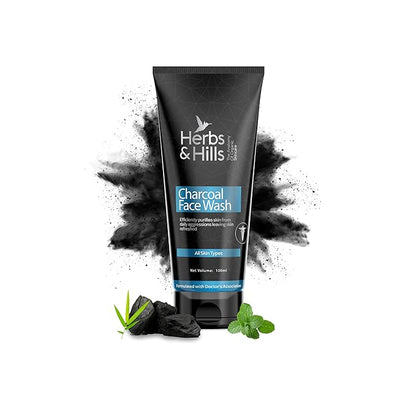Herbs & Hills Charcoal Face Wash, Deep Cleansing Activated Charcoal, Oil Control, Acne & Blackhead Removal, With Aloe Vera & Peppermint, For Men & Women, 100ml