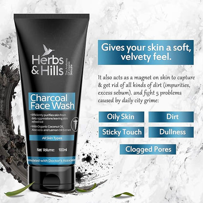 Herbs & Hills Charcoal Face Wash, Deep Cleansing Activated Charcoal, Oil Control, Acne & Blackhead Removal, With Aloe Vera & Peppermint, For Men & Women, 100ml