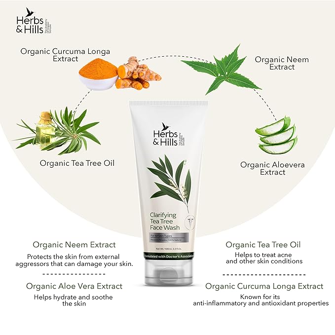 Herbs & Hills Clarifying Tea Tree Face Wash, Natural Gel Cleanser with Neem, Tea Tree Oil & Curcumin, Deep Cleansing, Oil Control & Acne Prevention for All Skin Types, 100ml