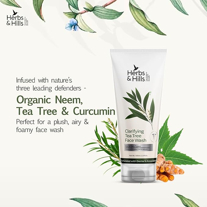 Herbs & Hills Clarifying Tea Tree Face Wash, Natural Gel Cleanser with Neem, Tea Tree Oil & Curcumin, Deep Cleansing, Oil Control & Acne Prevention for All Skin Types, 100ml