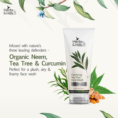 Herbs & Hills Clarifying Tea Tree Face Wash, Natural Gel Cleanser with Neem, Tea Tree Oil & Curcumin, Deep Cleansing, Oil Control & Acne Prevention for All Skin Types, 100ml