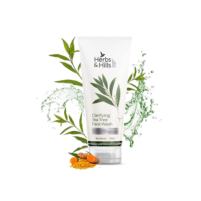 Herbs & Hills Clarifying Tea Tree Face Wash, Natural Gel Cleanser with Neem, Tea Tree Oil & Curcumin, Deep Cleansing, Oil Control & Acne Prevention for All Skin Types, 100ml