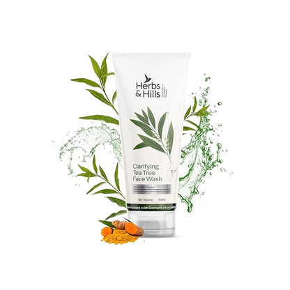 Herbs & Hills Clarifying Tea Tree Face Wash, Natural Gel Cleanser with Neem, Tea Tree Oil & Curcumin, Deep Cleansing, Oil Control & Acne Prevention for All Skin Types, 100ml