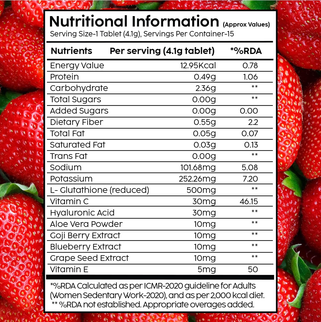 PLIX - Glutathione Effervescent Tablets for Clear, Glowing & Youthful Skin Glutathione, Vit E & Hyaluronic Acid No Maltodextrin, No Sugar (15 tabs) Strawberry 500mg